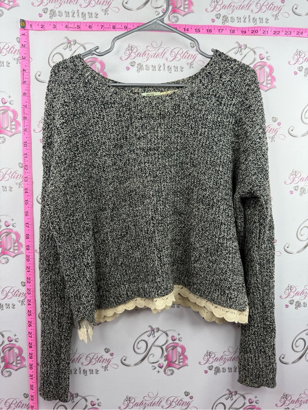 Kimchi Blue Black & White Marled Scoop Neck Sweater with Cream Lace Hem